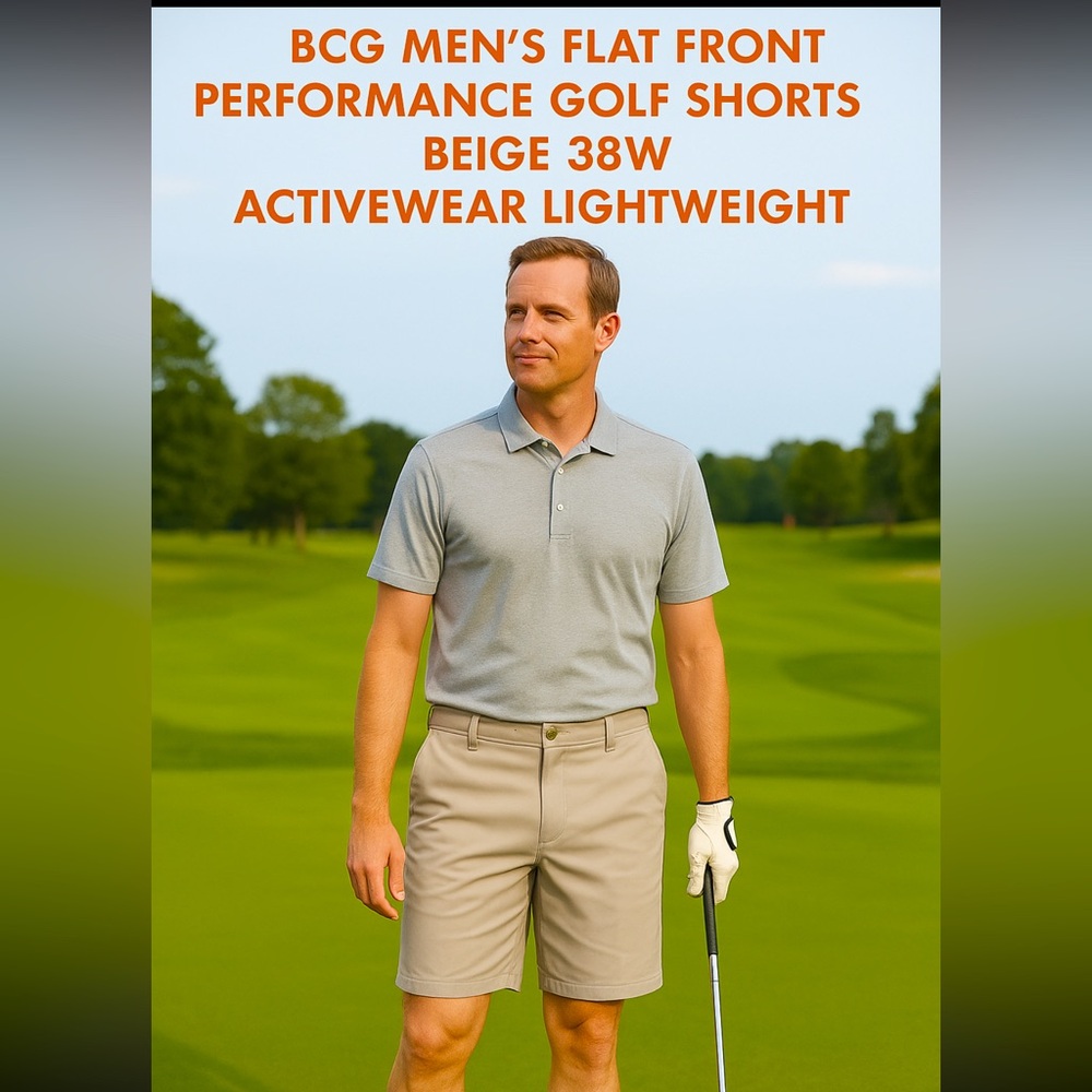 BCG Men’s Flat Front Performance Golf Shorts Beige 38W Activewear Lightweight